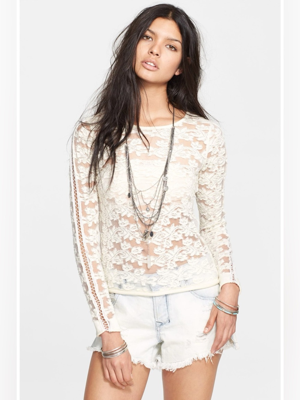 Free People Floral Textured Sheer Pullover Lace Long Sleeve Small Boho Indie Y2K